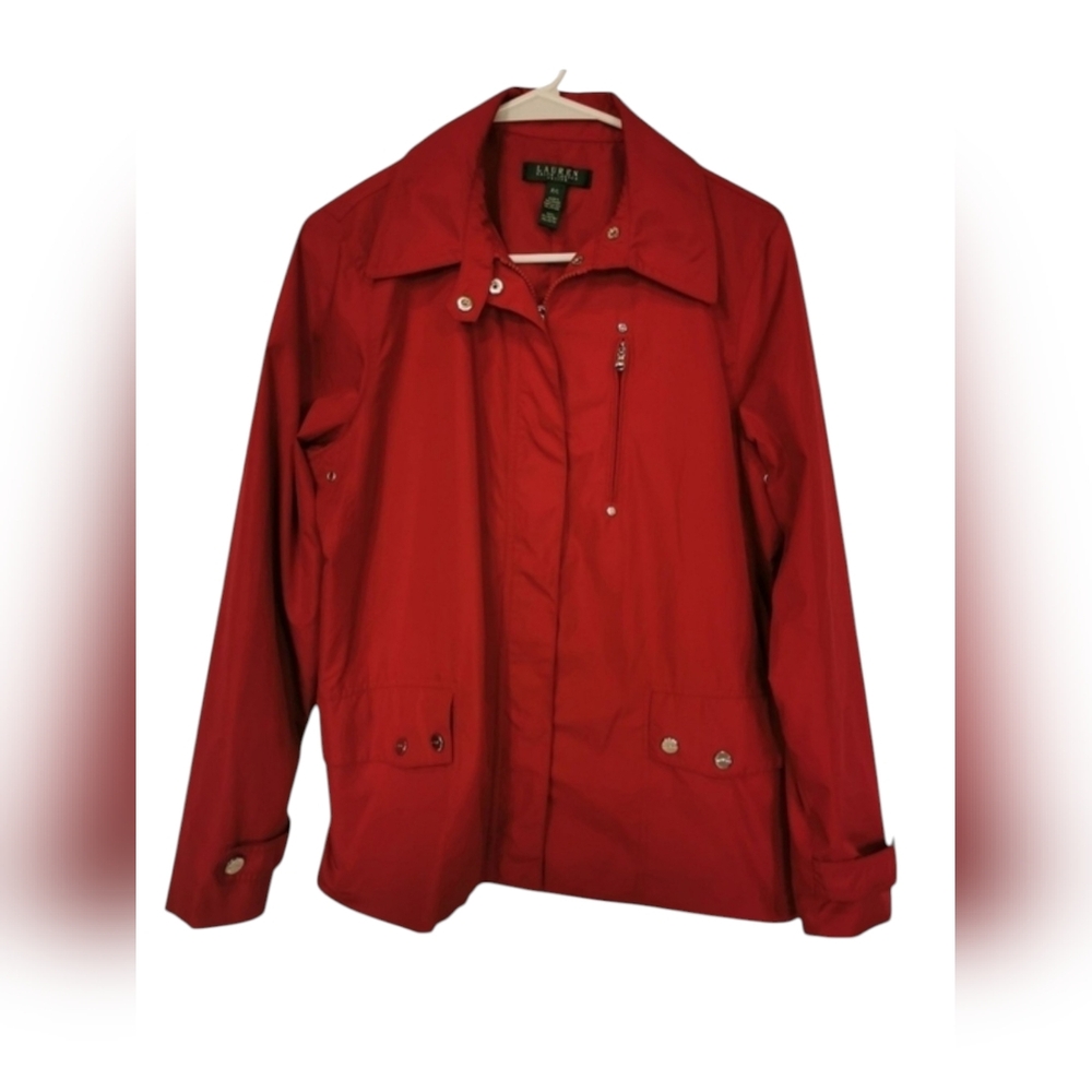 Lauren Ralph Lauren Red Utility Rain Jacket Collared Zip Snap Petite LP